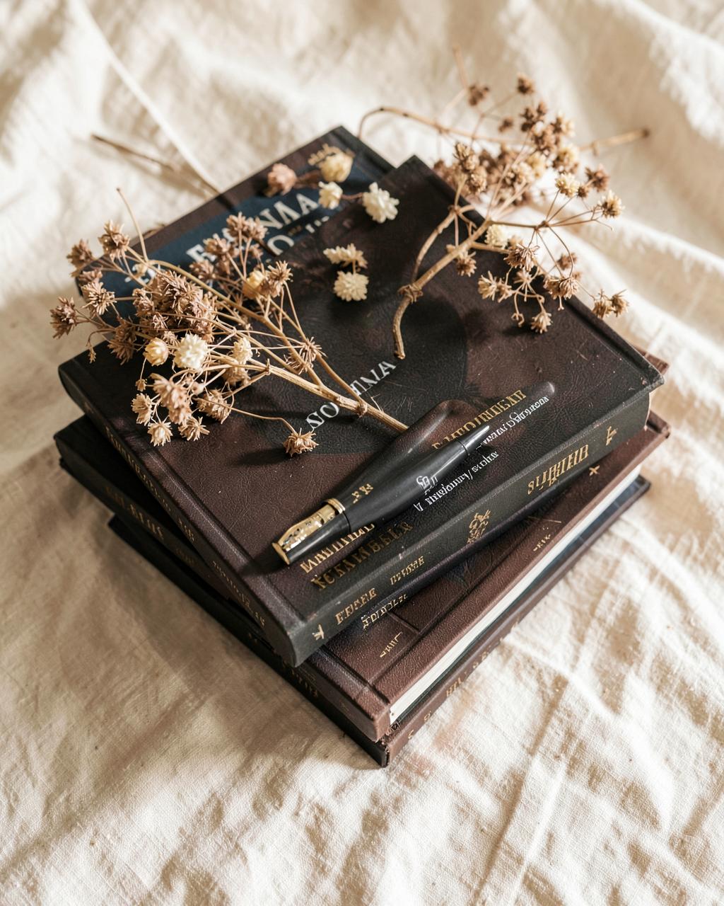 Stack of hardcover books with dried flowers and a fountain pen